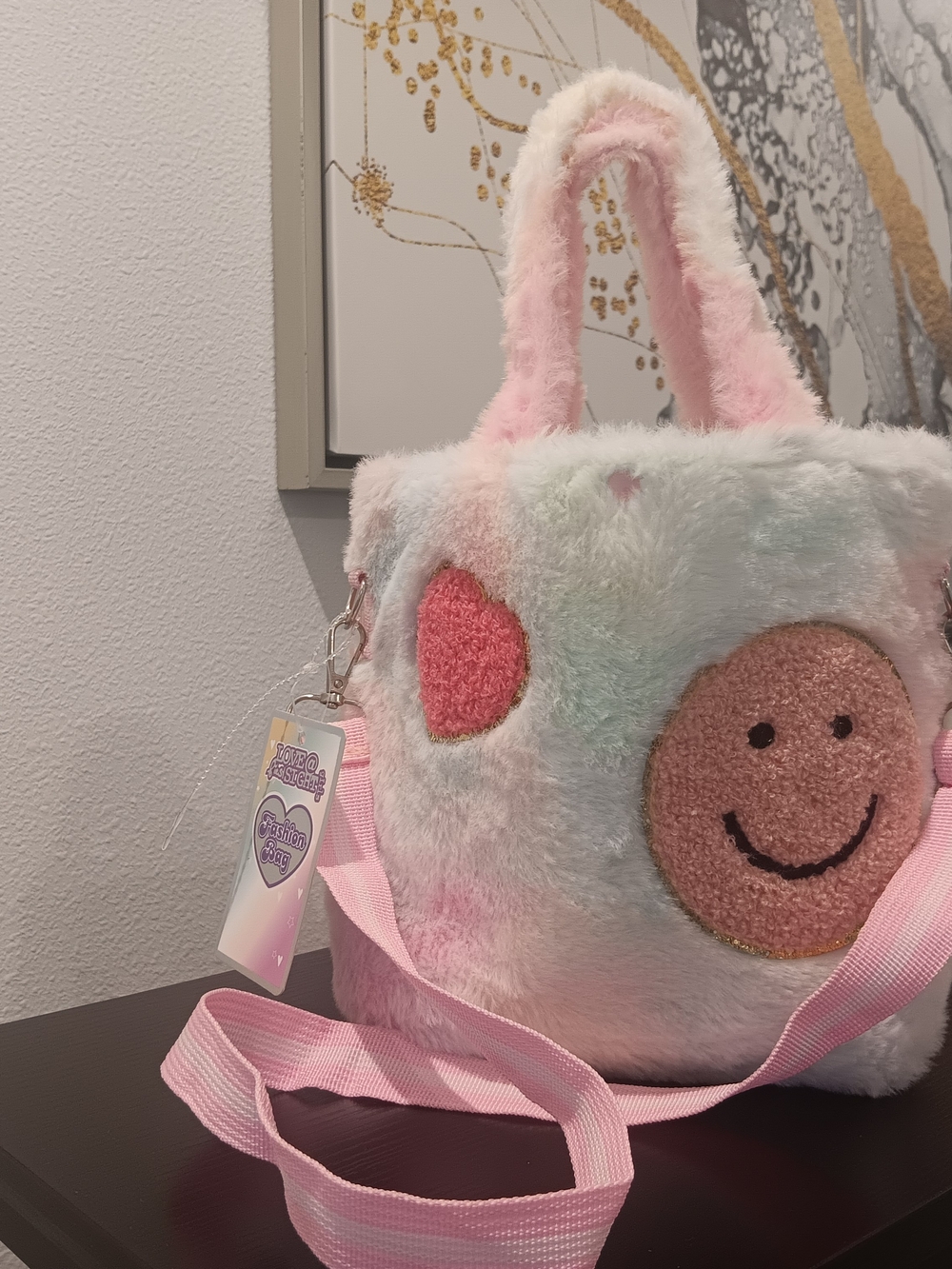 & Other Stories Pastel Plush Tote with Pink Strap and Smiley Heart Appliqués